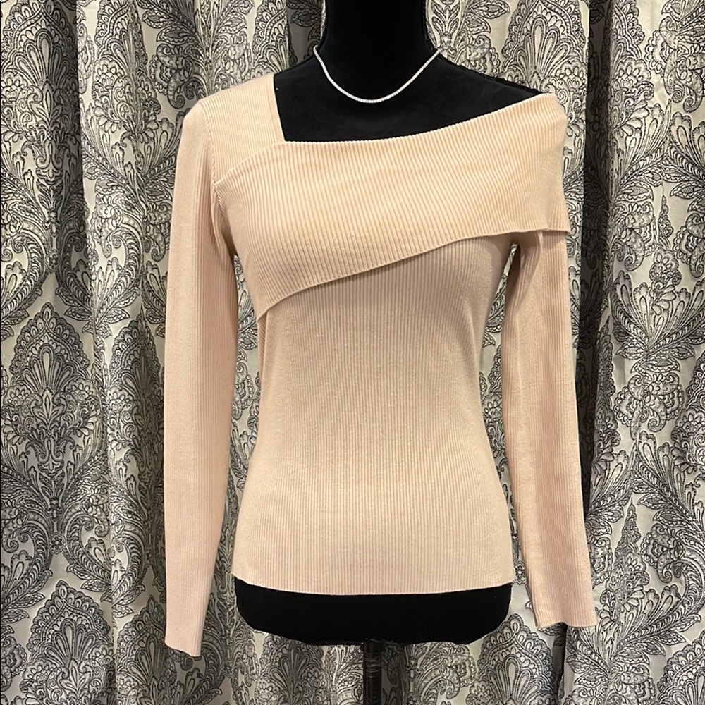 beige cream, off shoulder asymmetrical sweater